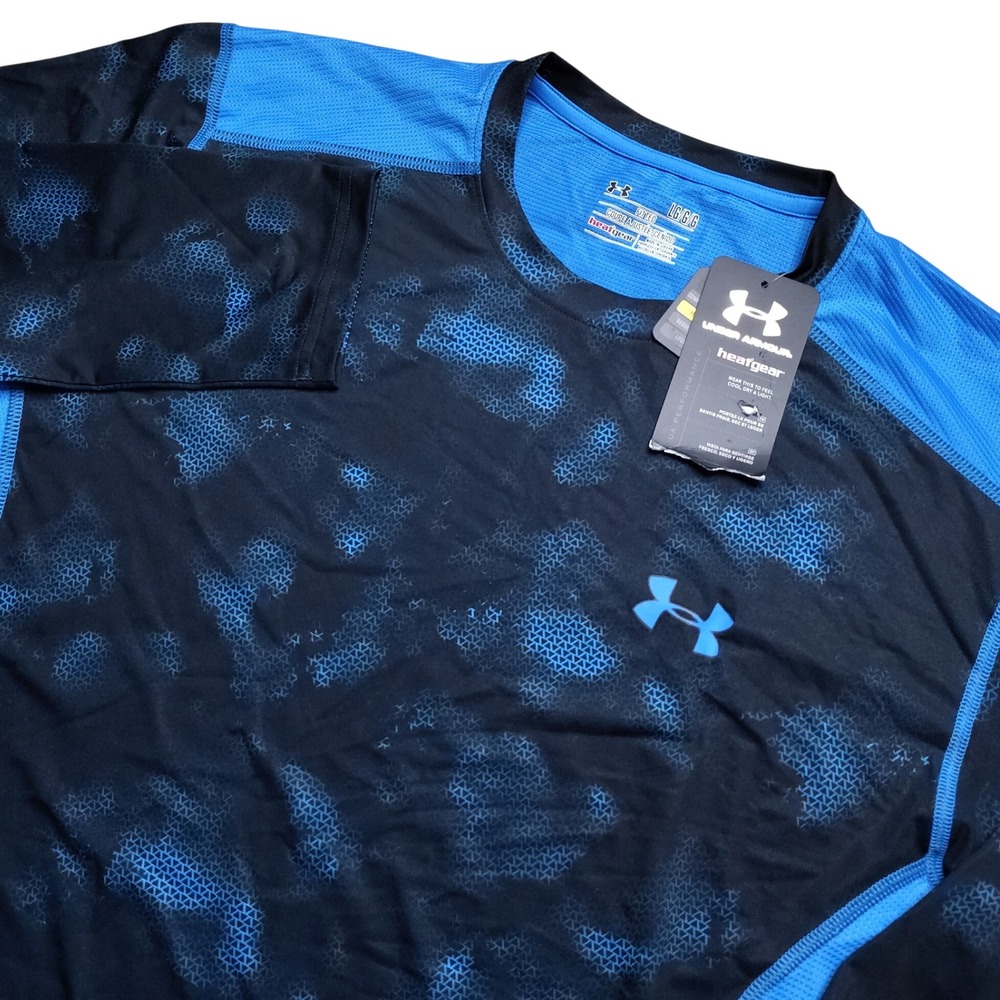 Under Armour Raid HeatGear Shirt Mens L Blue Black NWT Long Sleeve Fitted